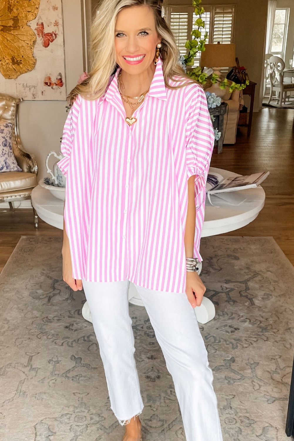 Pink Stripe Button Up Dolman Shirt