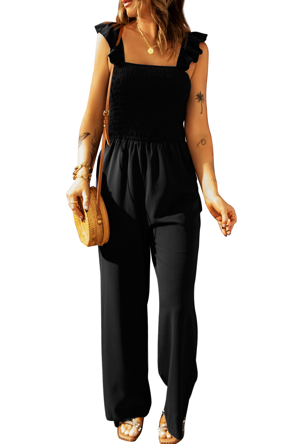 Smocked Ruffle Strap Pocket Wide Leg Jumpsuit