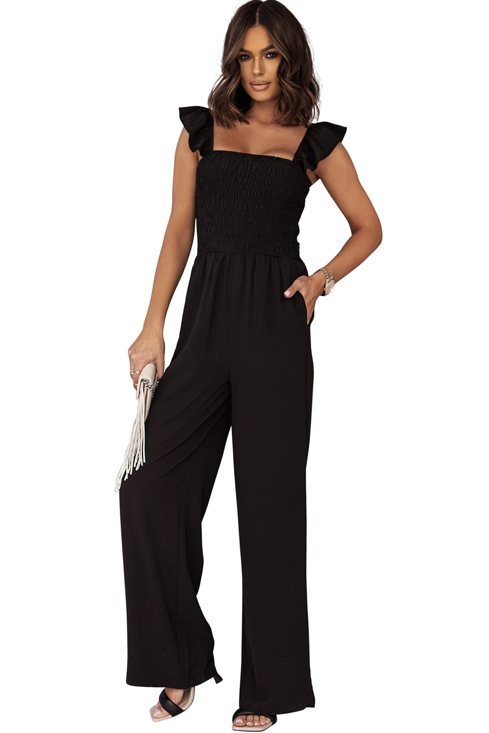 Smocked Ruffle Strap Pocket Wide Leg Jumpsuit