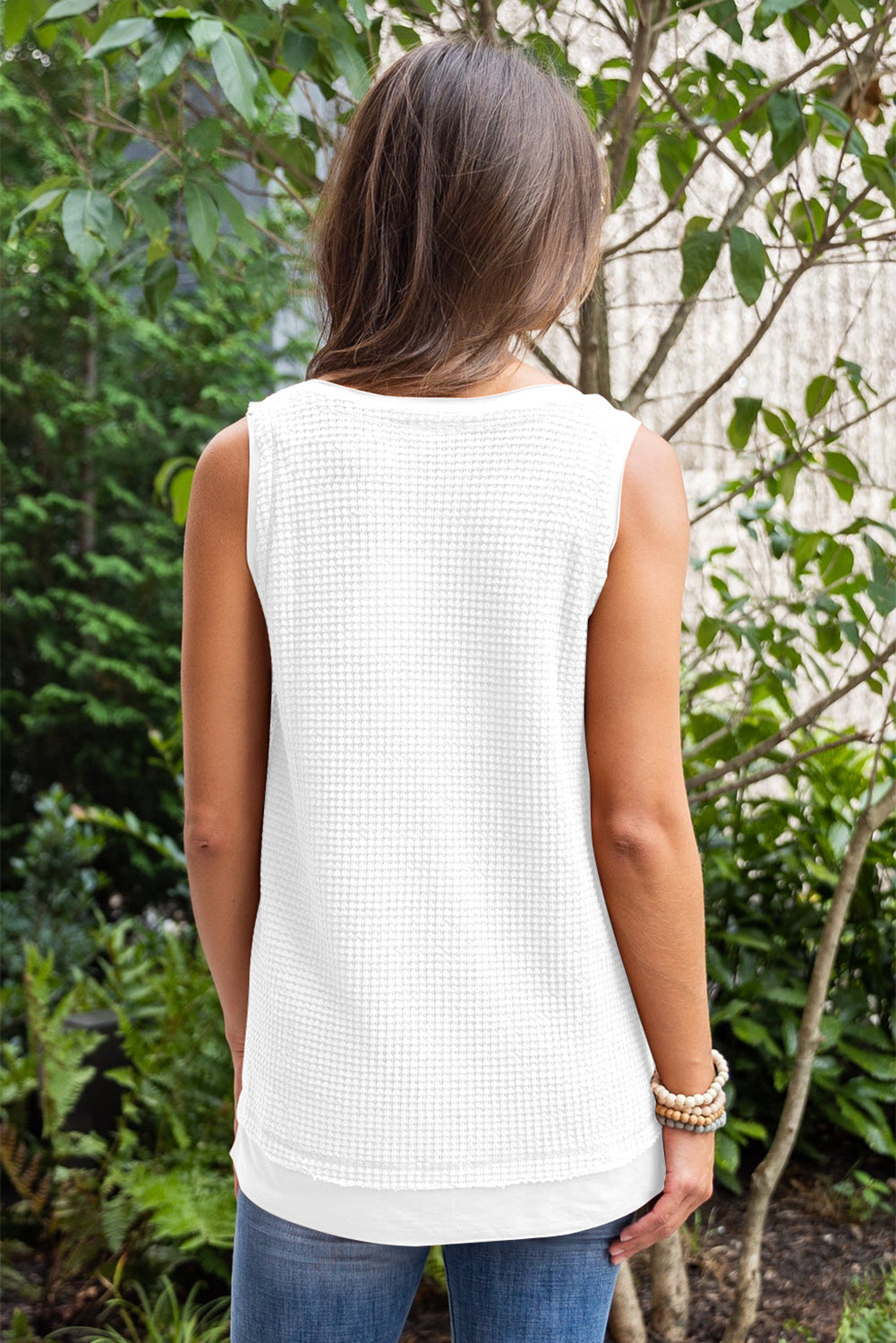 White Scoop Neck Waffle Knit Splicing Flowy Vest