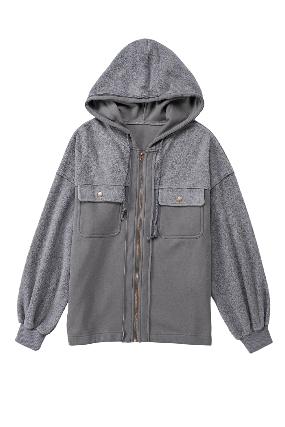 Bishop Sleeve Zip Up Hoodie Jacket with Flap Pockets