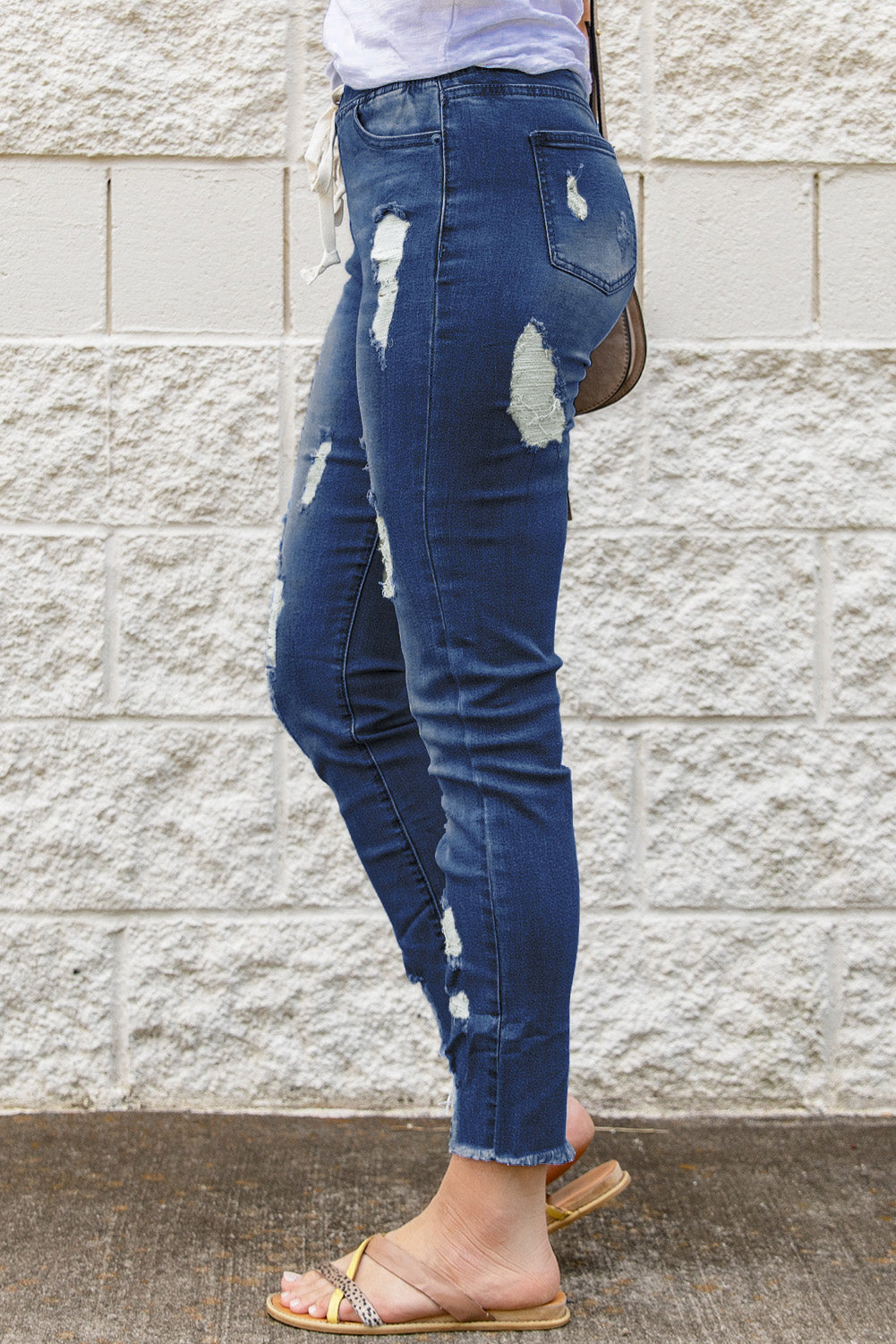 Light Blue Drawstring Elastic Waist Jeans With Hole