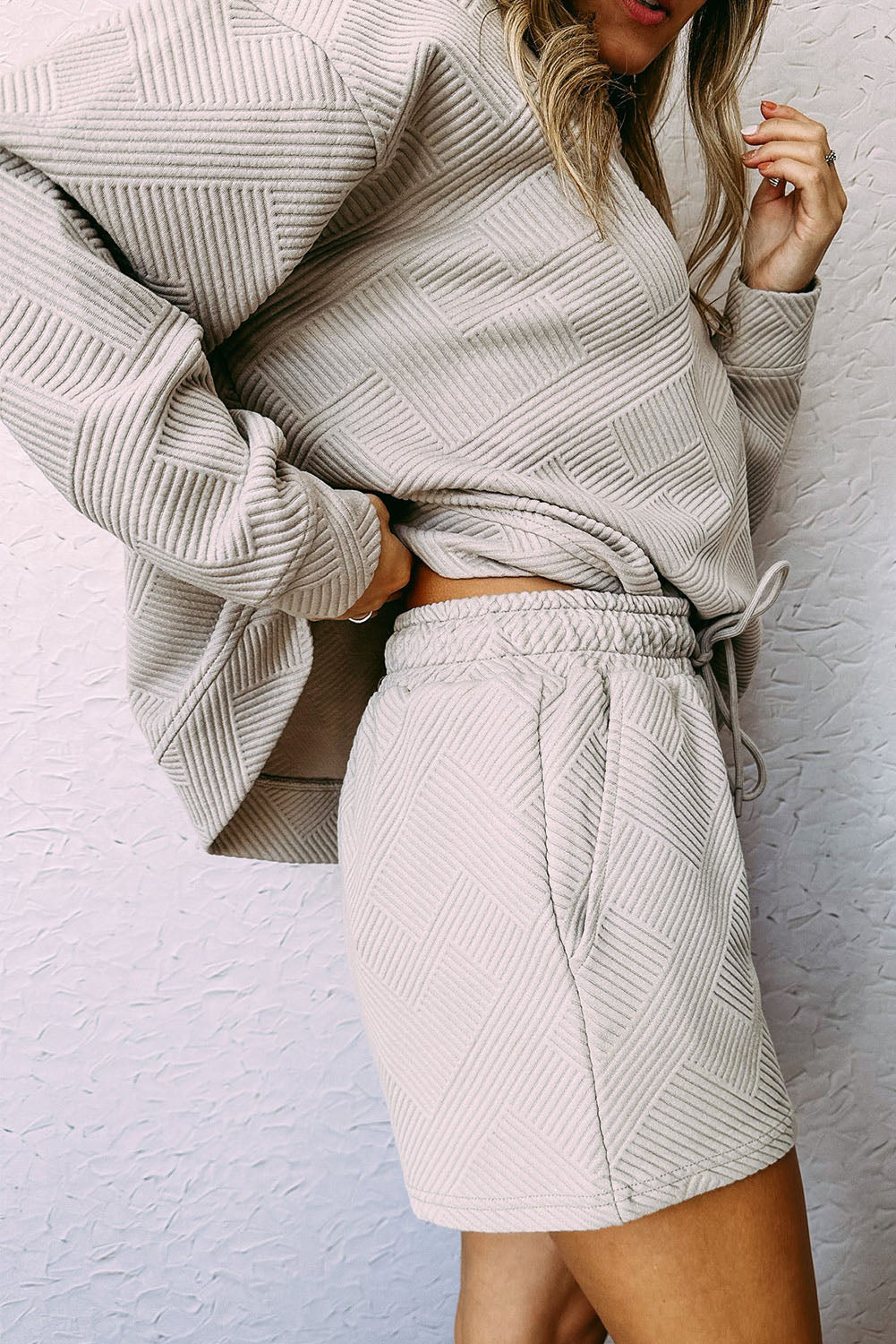 Brown Textured Long Sleeve Top & Drawstring Shorts Set