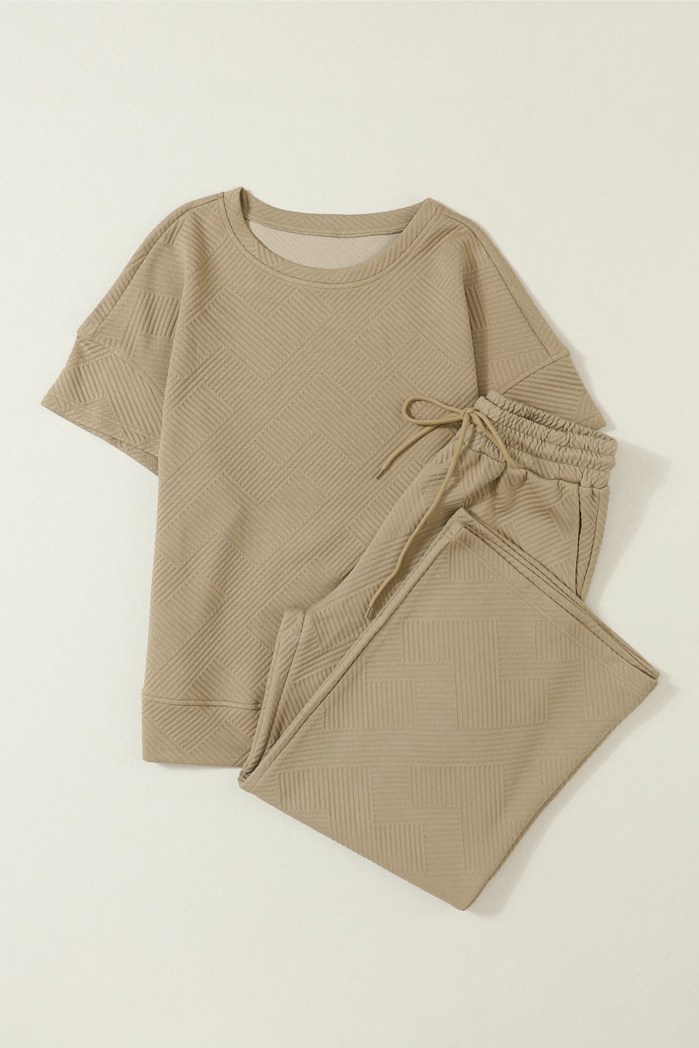 Textured Loose Fit T Shirt and Drawstring Pants Set w/Pockets