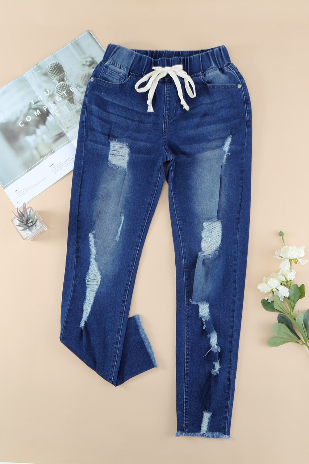 Light Blue Drawstring Elastic Waist Jeans With Hole