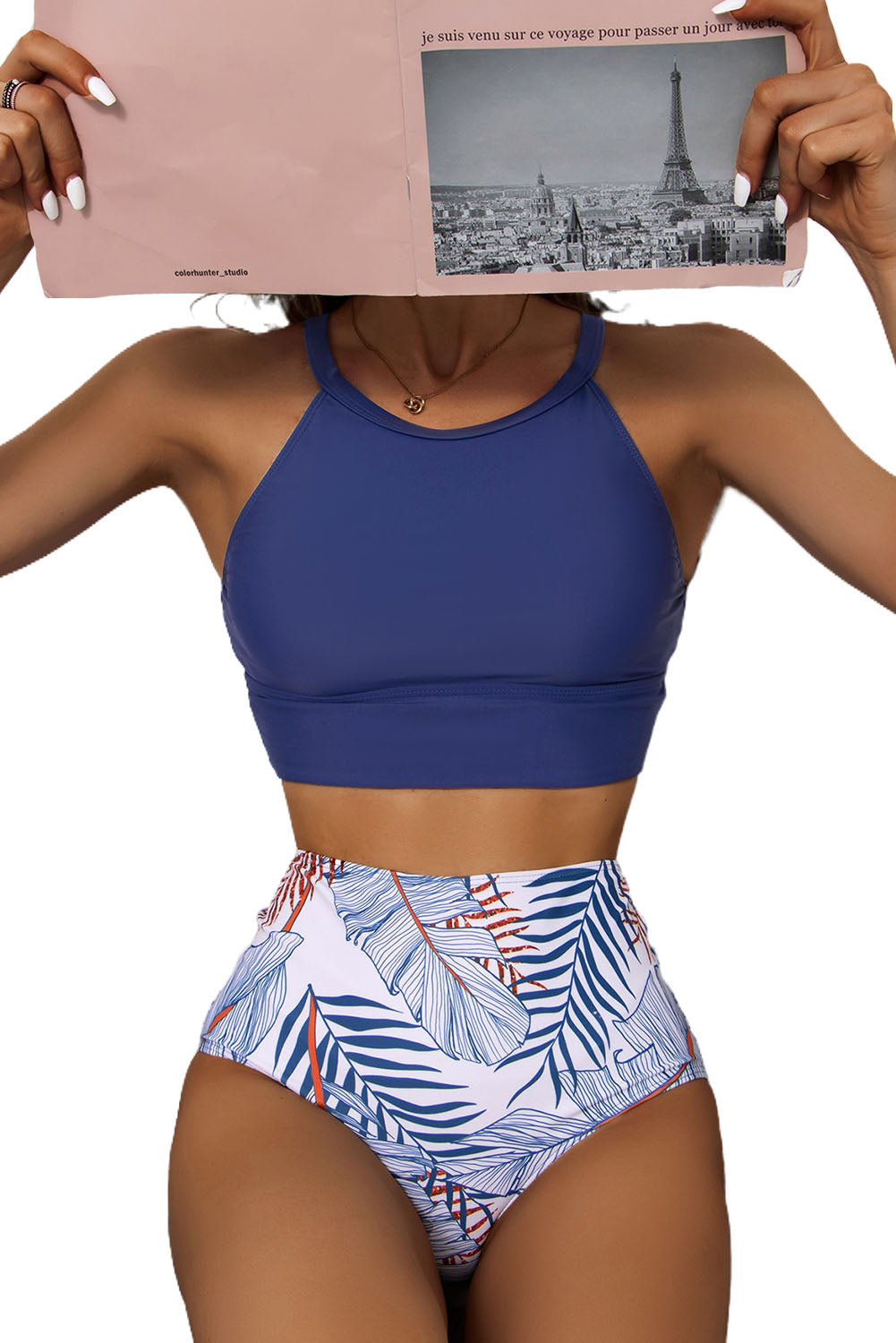 Tropical Print Back Split High Waisted Swimsuit