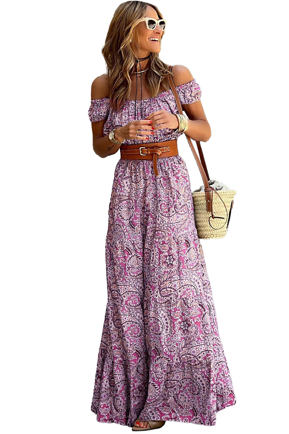 Pink Boho Paisley Print Off Shoulder Maxi Dress