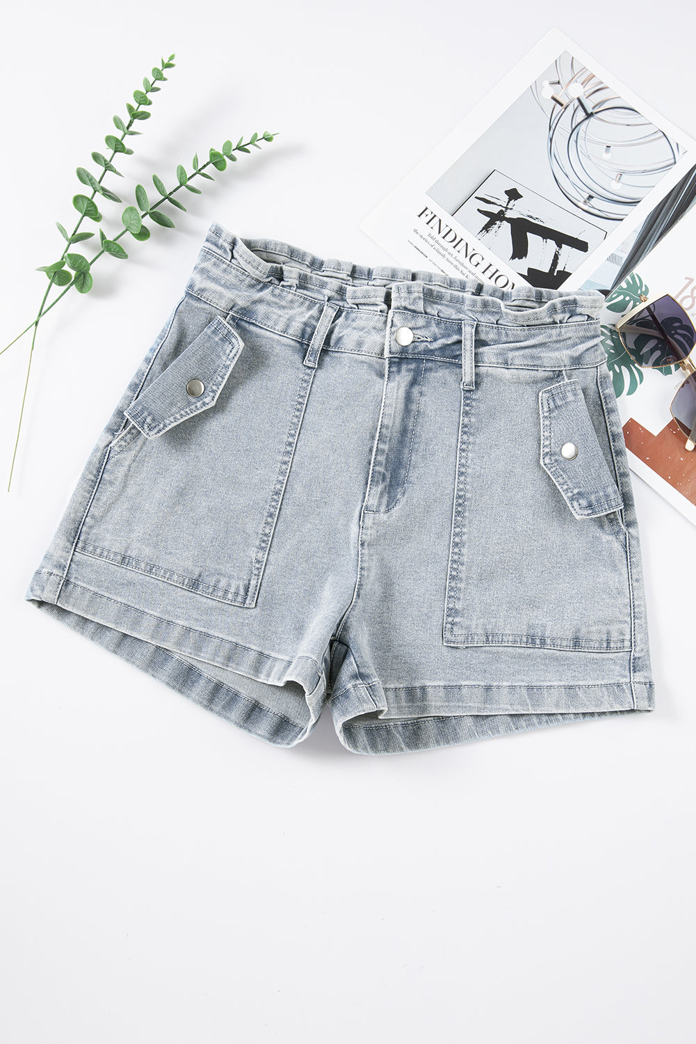 Effortless Cool:  High Waist Flap Pockets Denim Shorts