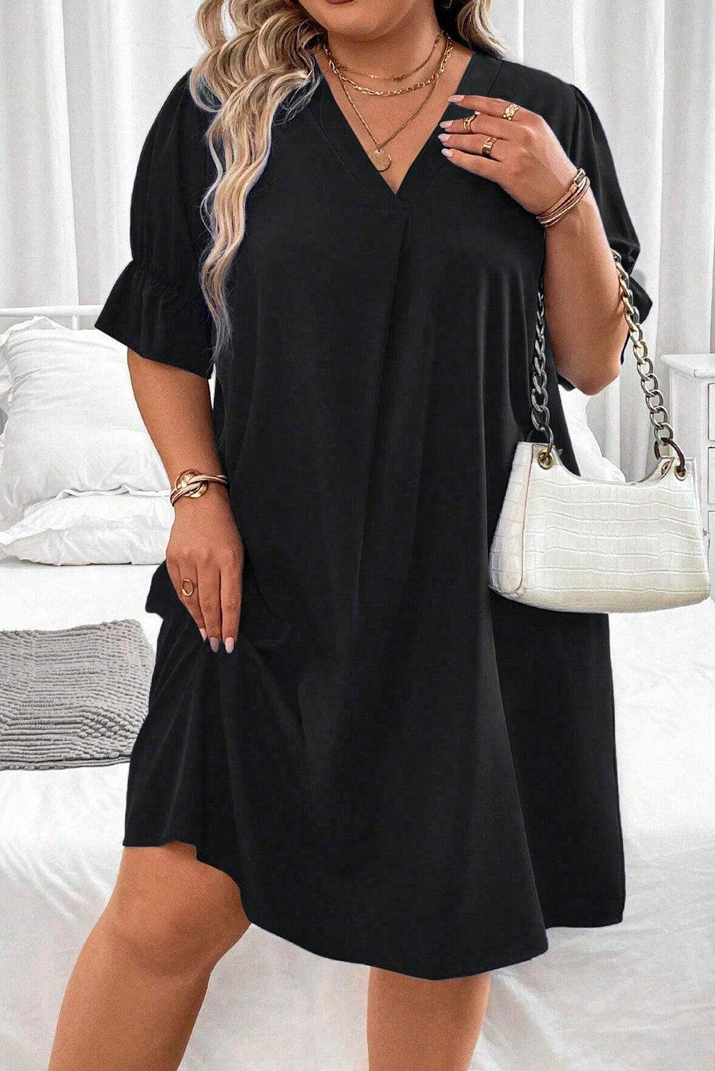 Black Ruffled Puff Sleeve V Neck Plus Size Mini Dress