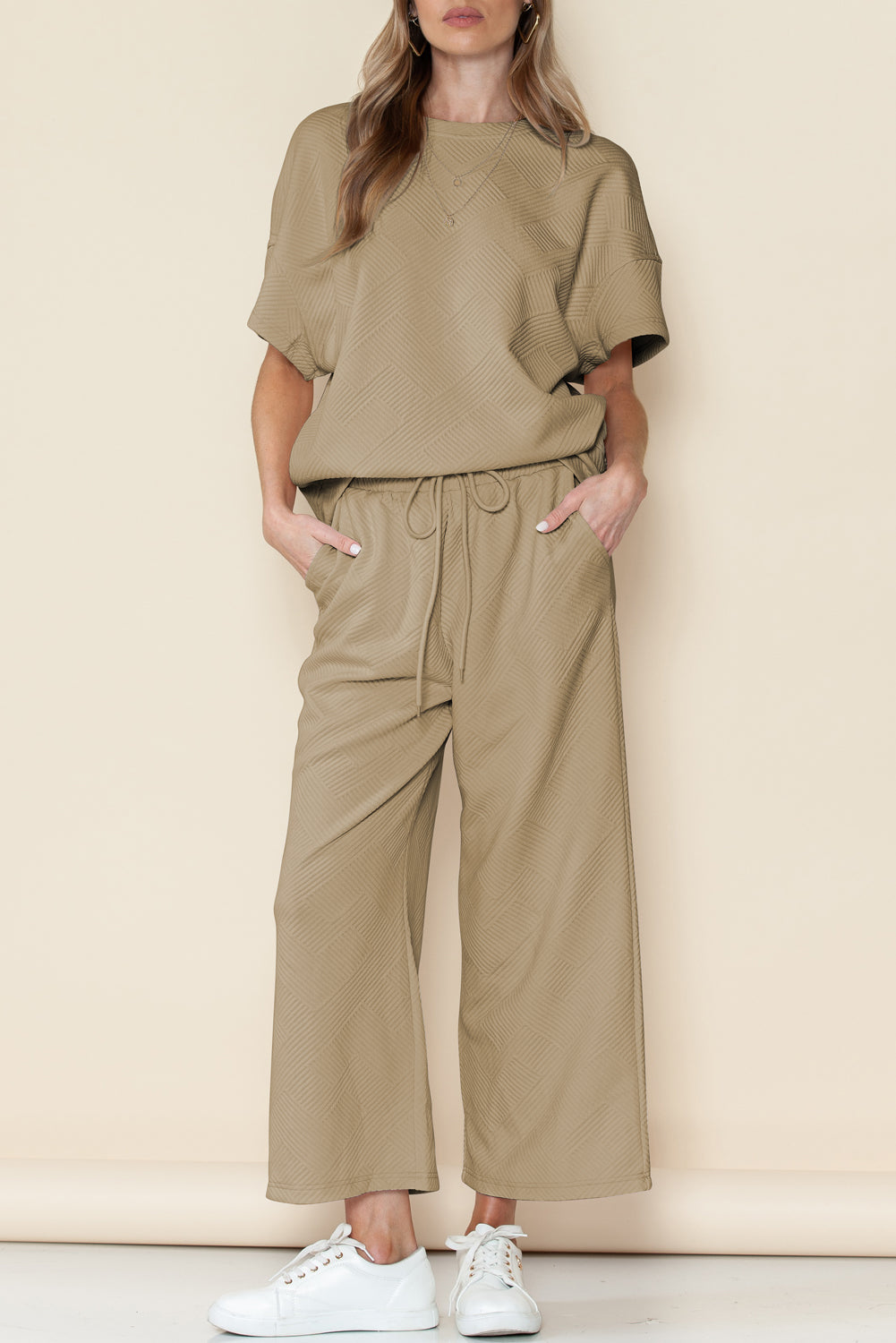 Textured Loose Fit T Shirt and Drawstring Pants Set w/Pockets