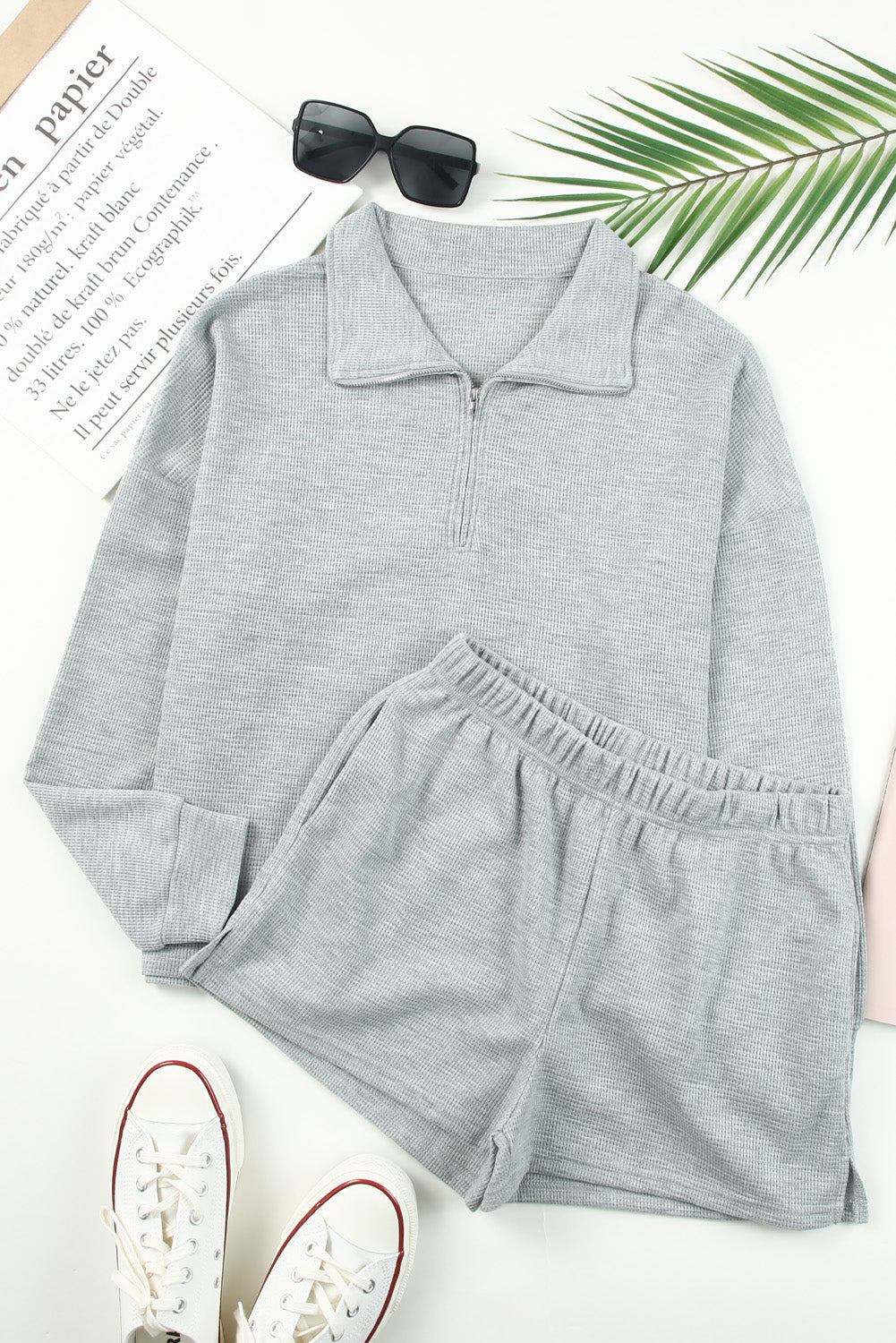 Gray Ribbed Zipper Sweatshirt & High Waist Shorts Set