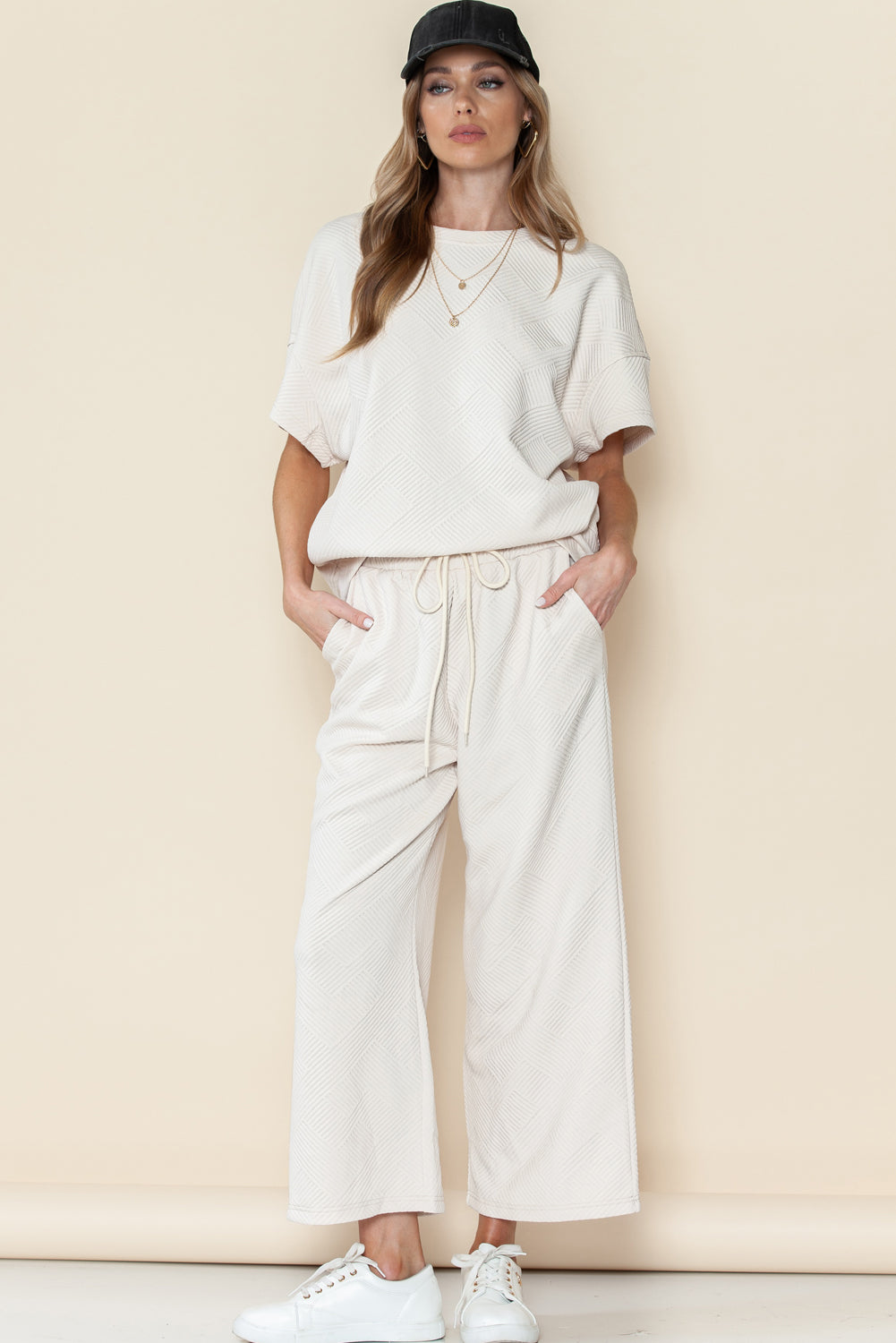 Textured Loose Fit T Shirt and Drawstring Pants Set w/Pockets