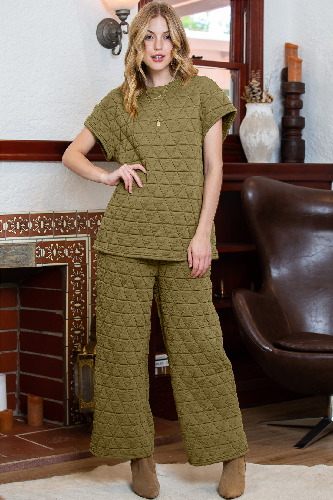 Quilted Short Sleeve Top and Wide Leg Pants Set