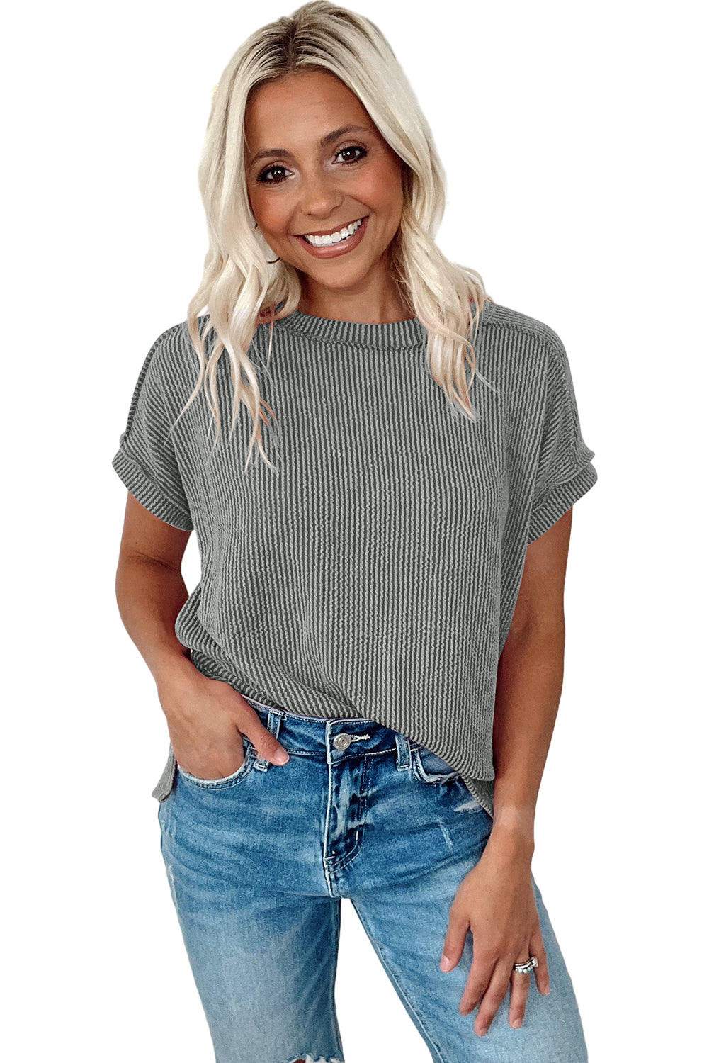 Medium Grey Ribbed Knit Exposed Seam Round Neck T-shirt