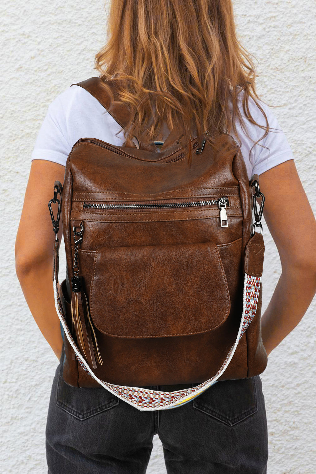 Tassel Decor Retro Faux Leather Large Capacity Backpack