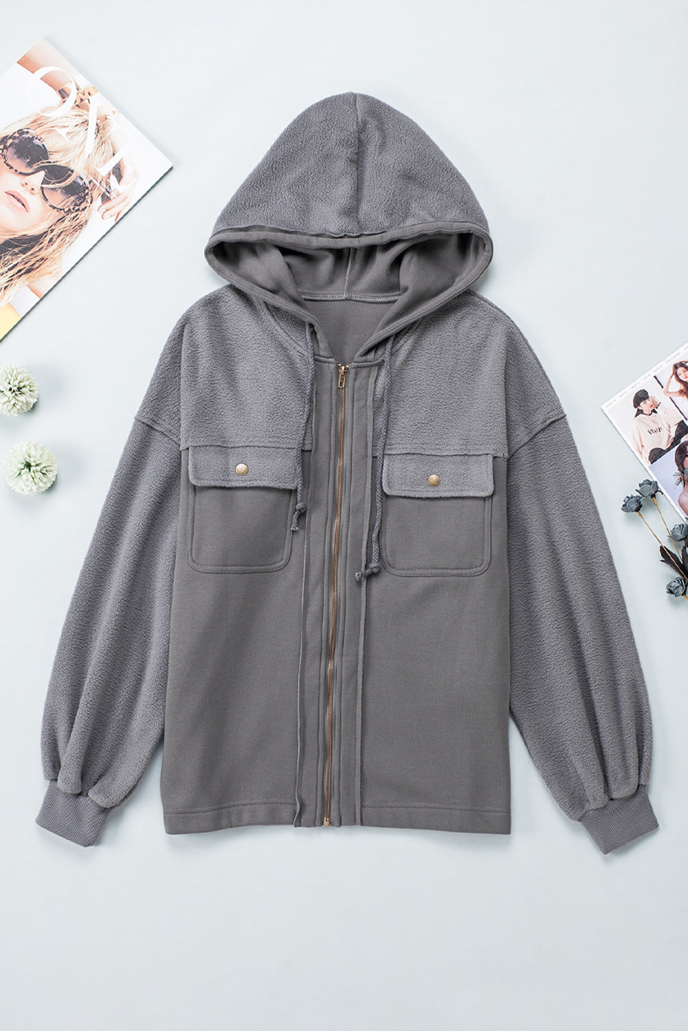 Bishop Sleeve Zip Up Hoodie Jacket with Flap Pockets