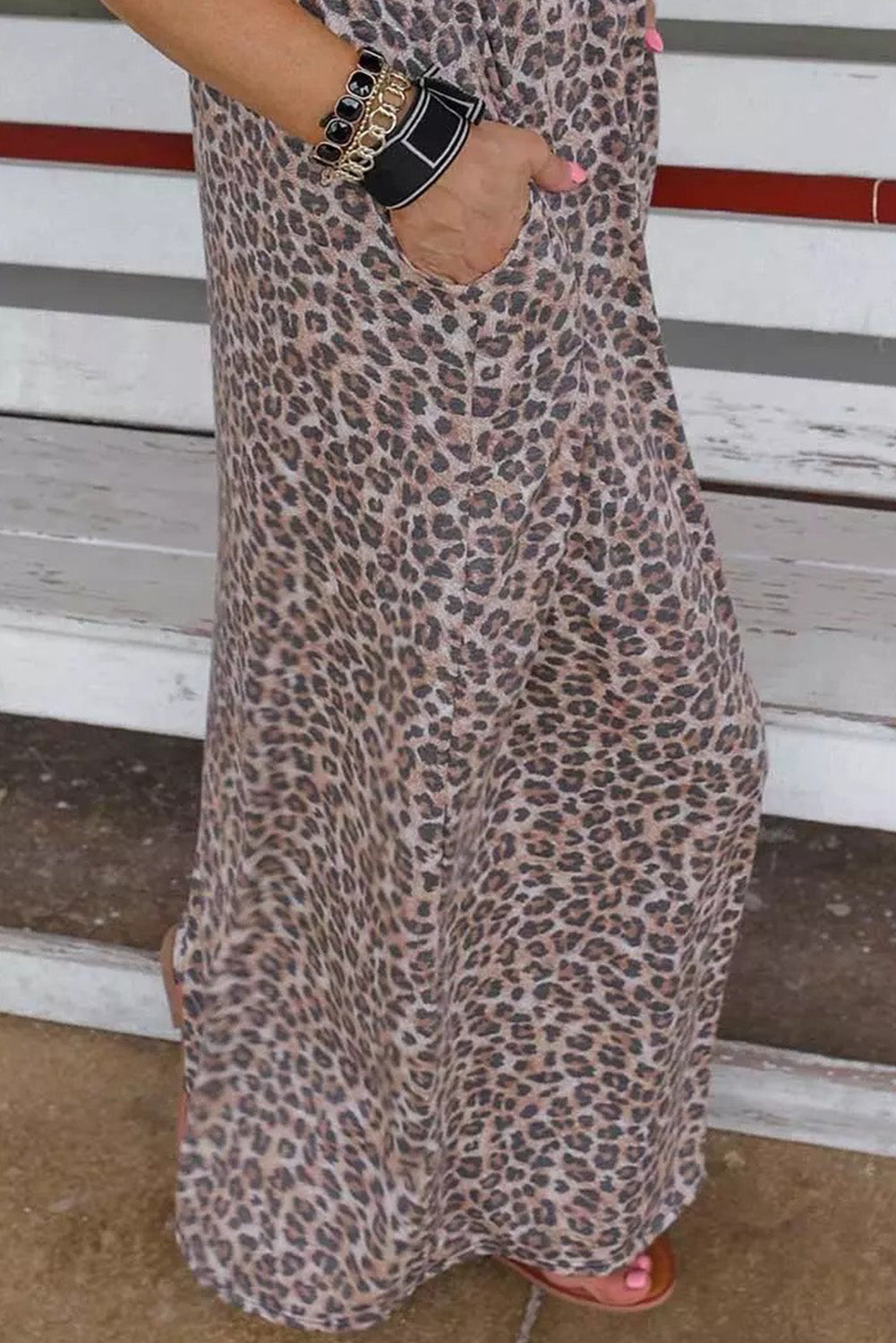 Leopard Print Casual Cap Sleeve Pocket Dress