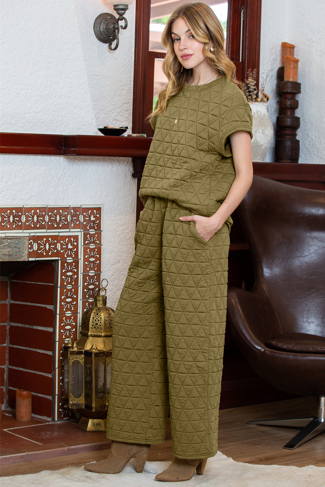 Quilted Short Sleeve Top and Wide Leg Pants Set