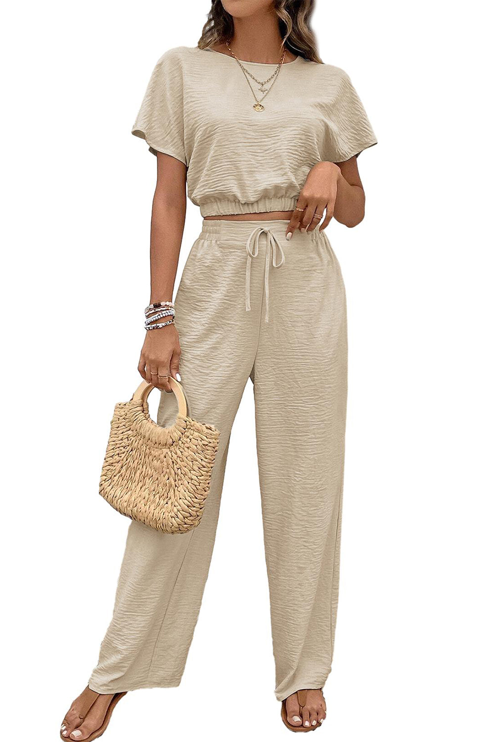 Beige Crinkled Elastic Hem Crop Tee and Wide Leg Pants Set