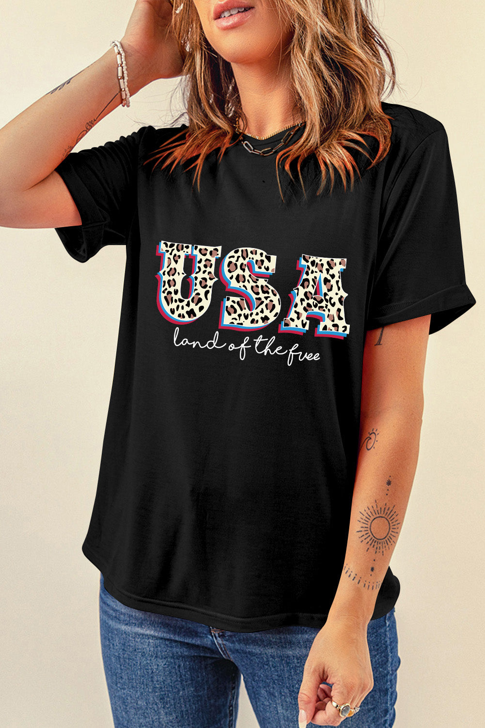 Black Leopard USA land of the free Slogan Graphic T Shirt