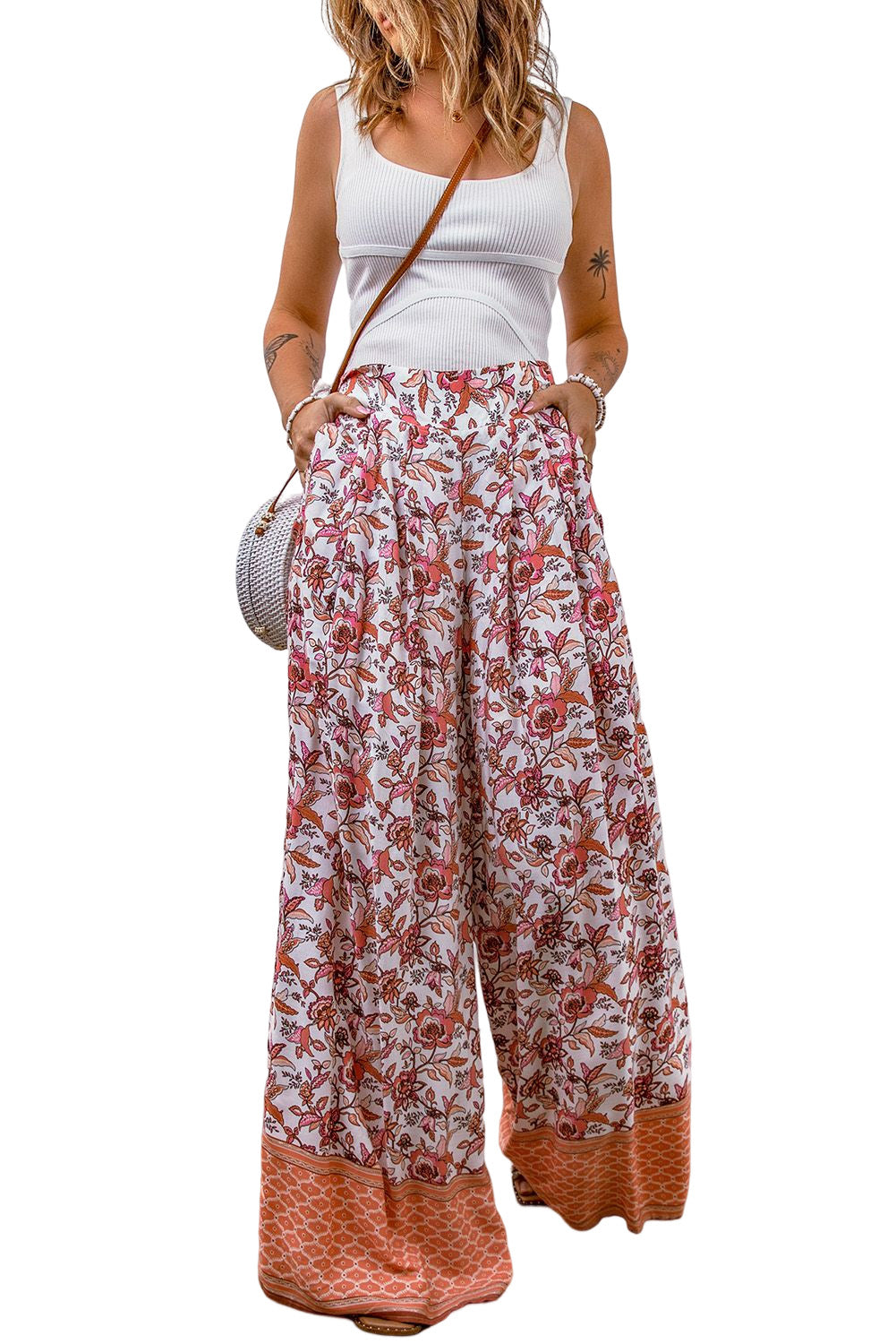 Red Floral Print Shirred High Waist Wide Leg Pants