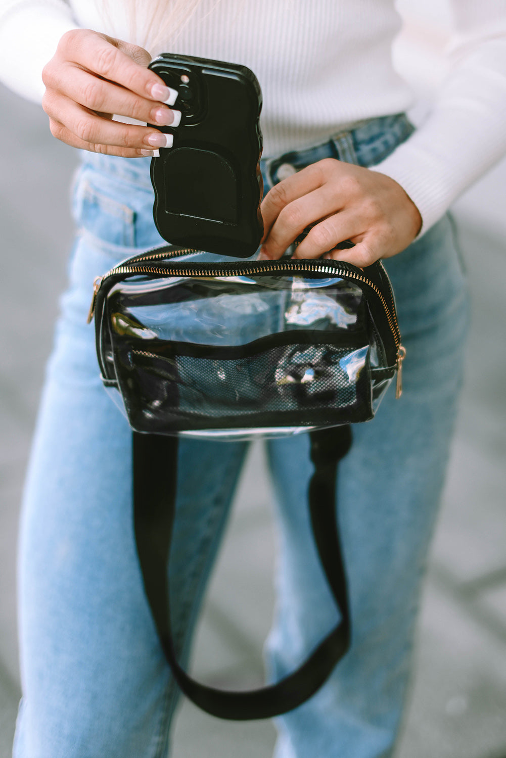 Black Adjustable Straps Zipper Clear Waist Bag