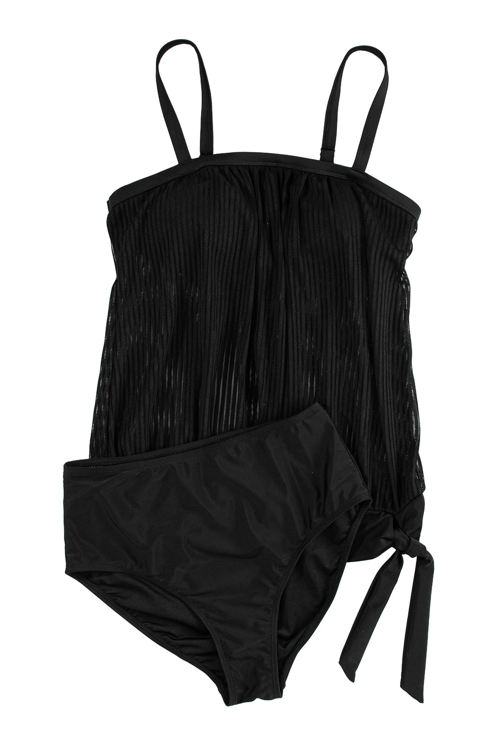 Black Striped Mesh Knotted Hem Tankini Swimsuit