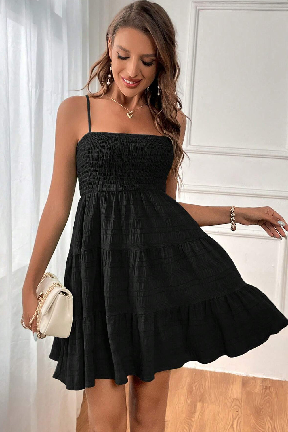 Black Smocked Skater Cami Dress