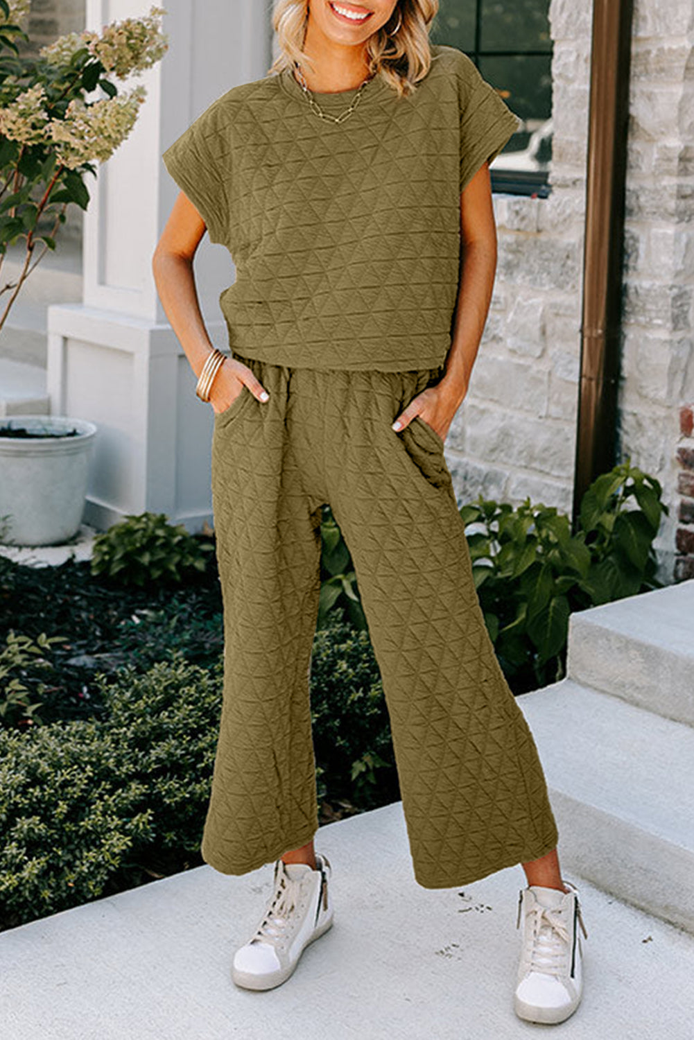 Quilted Short Sleeve Top and Wide Leg Pants Set