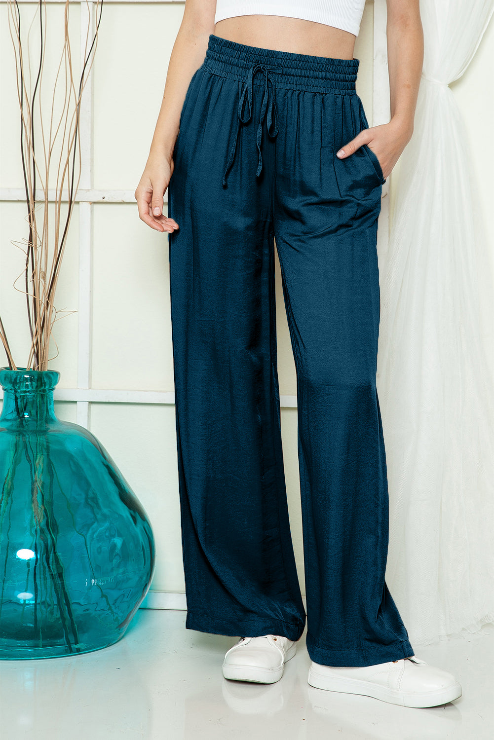 Black Plain Drawstring Shirred Elastic Waist Wide Leg Pants