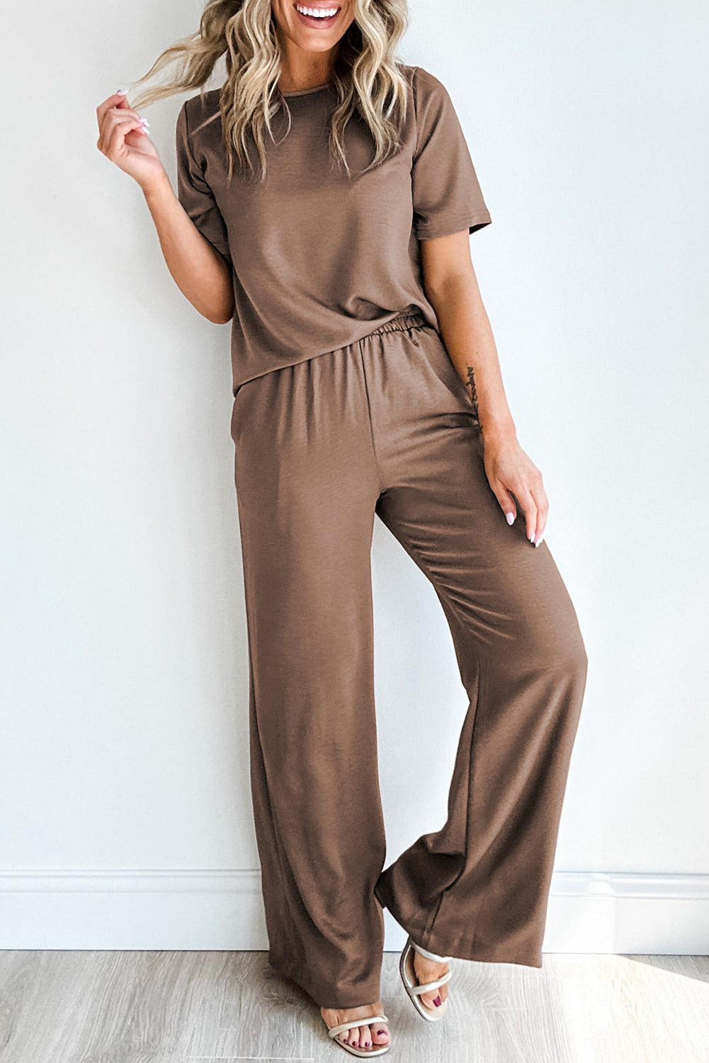 Solid Color T-Shirt and Wide Leg Pants Set