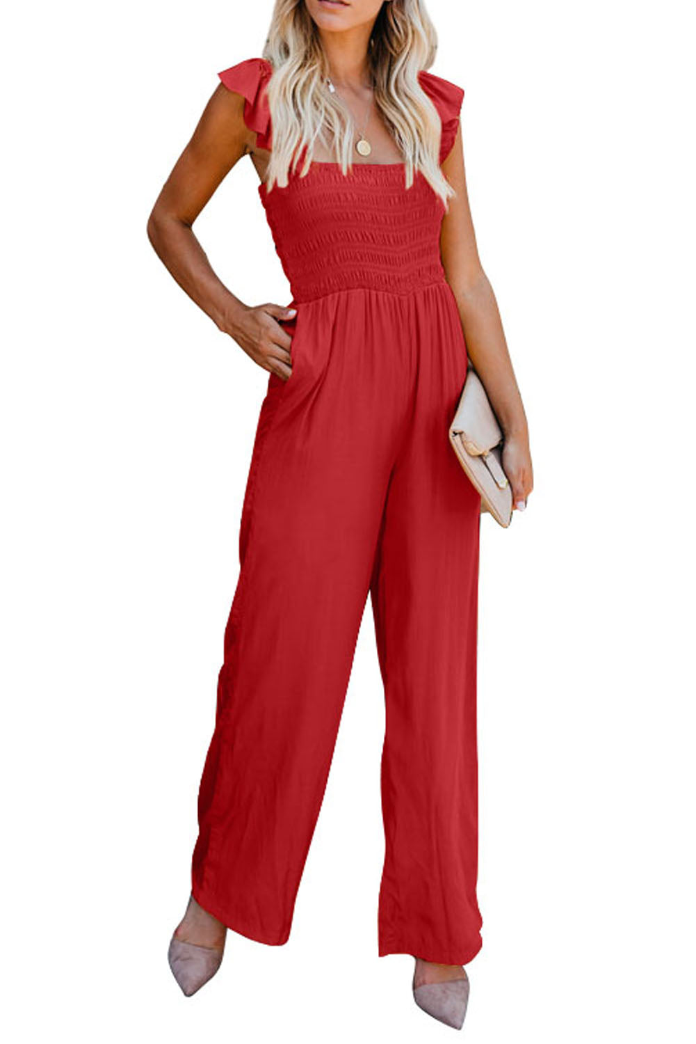 Smocked Ruffle Strap Pocket Wide Leg Jumpsuit