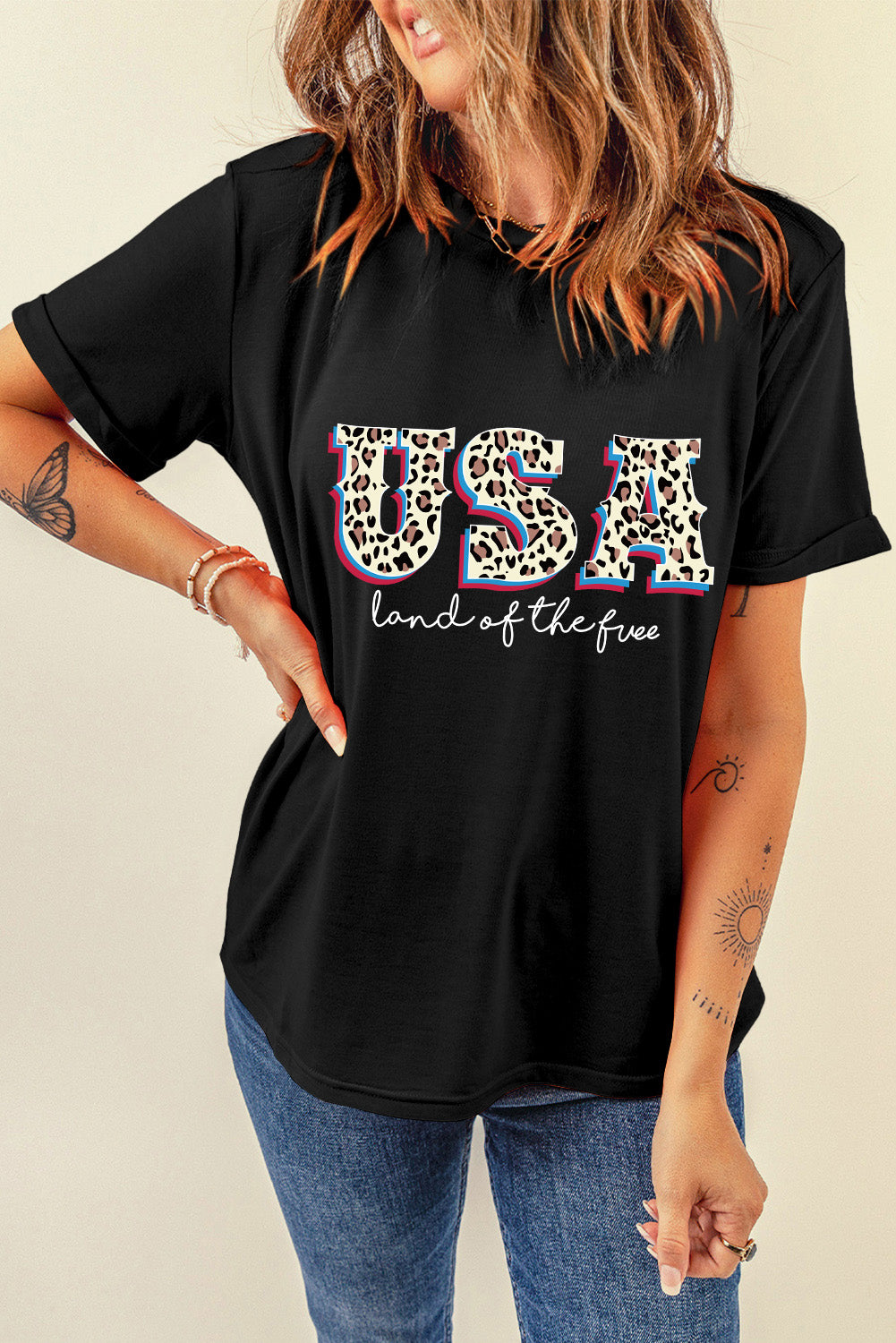 Black Leopard USA land of the free Slogan Graphic T Shirt