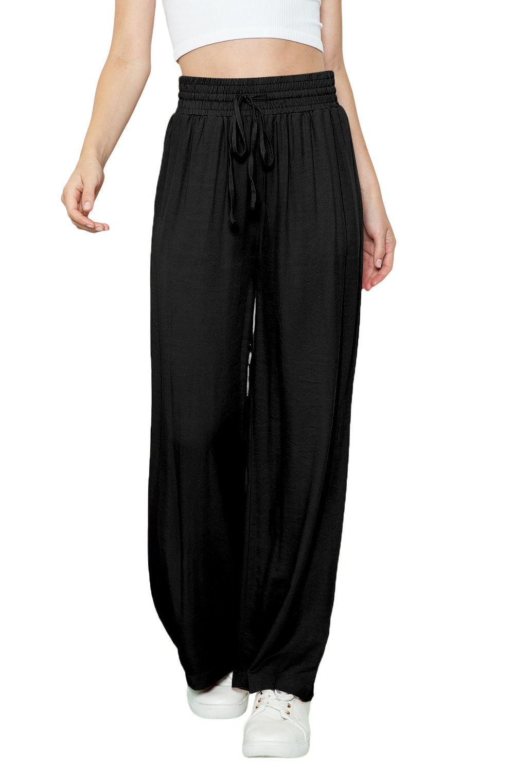 Black Plain Drawstring Shirred Elastic Waist Wide Leg Pants