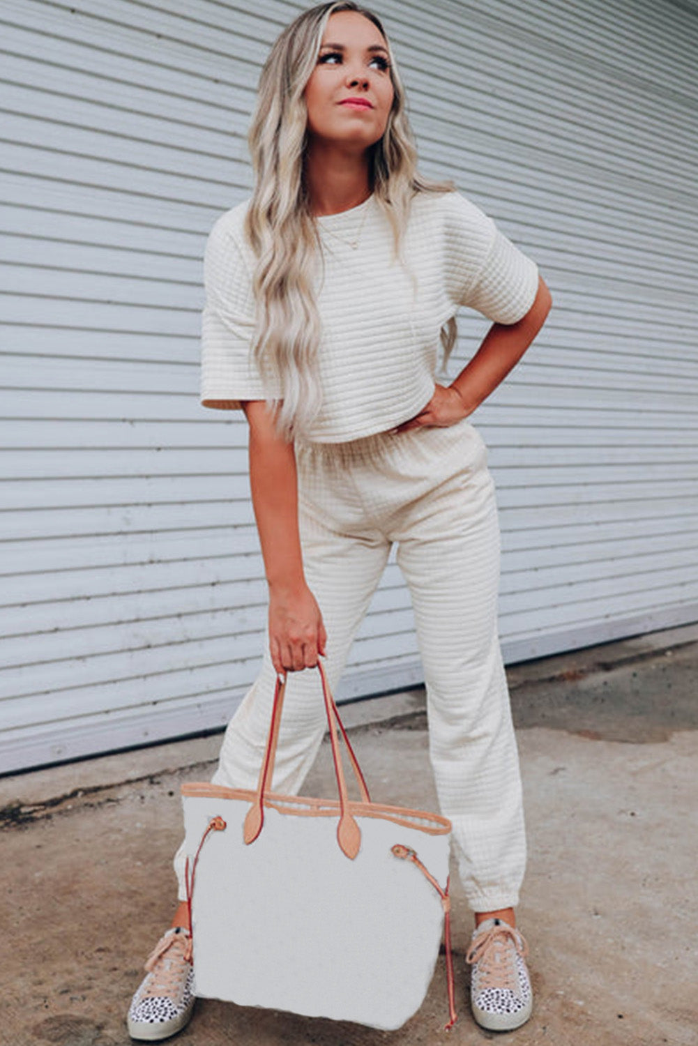 Rose Red Textured Cropped Tee and Jogger Pants Set