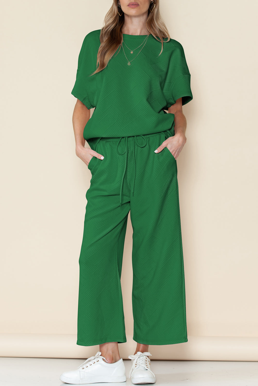 Textured Loose Fit T Shirt and Drawstring Pants Set w/Pockets