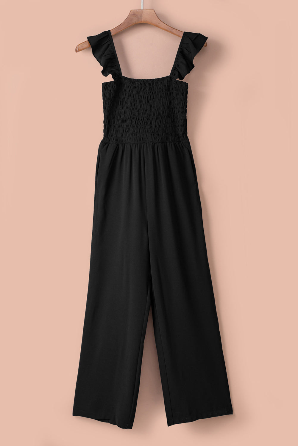 Smocked Ruffle Strap Pocket Wide Leg Jumpsuit