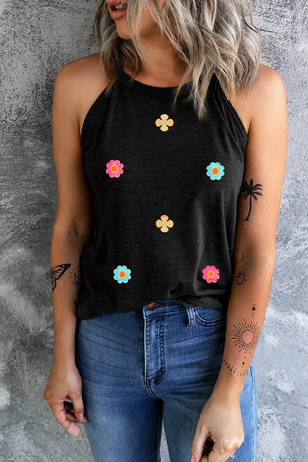 Black Casual Mod Floral Print Tank Top