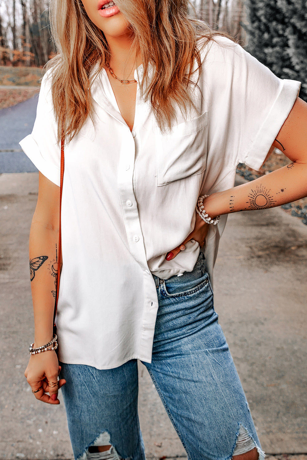 White Rolled Short Sleeve Shirt