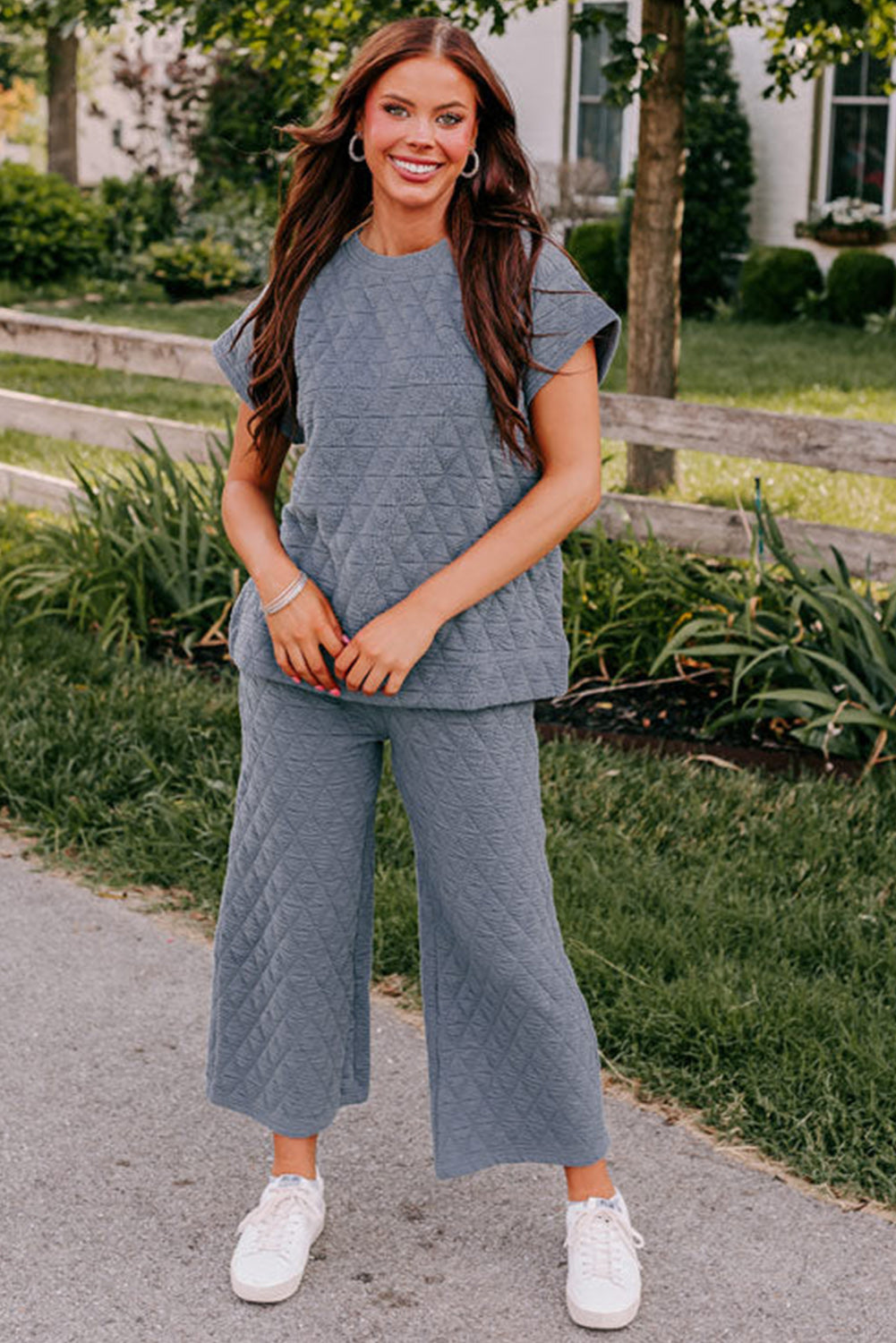 Quilted Short Sleeve Top and Wide Leg Pants Set