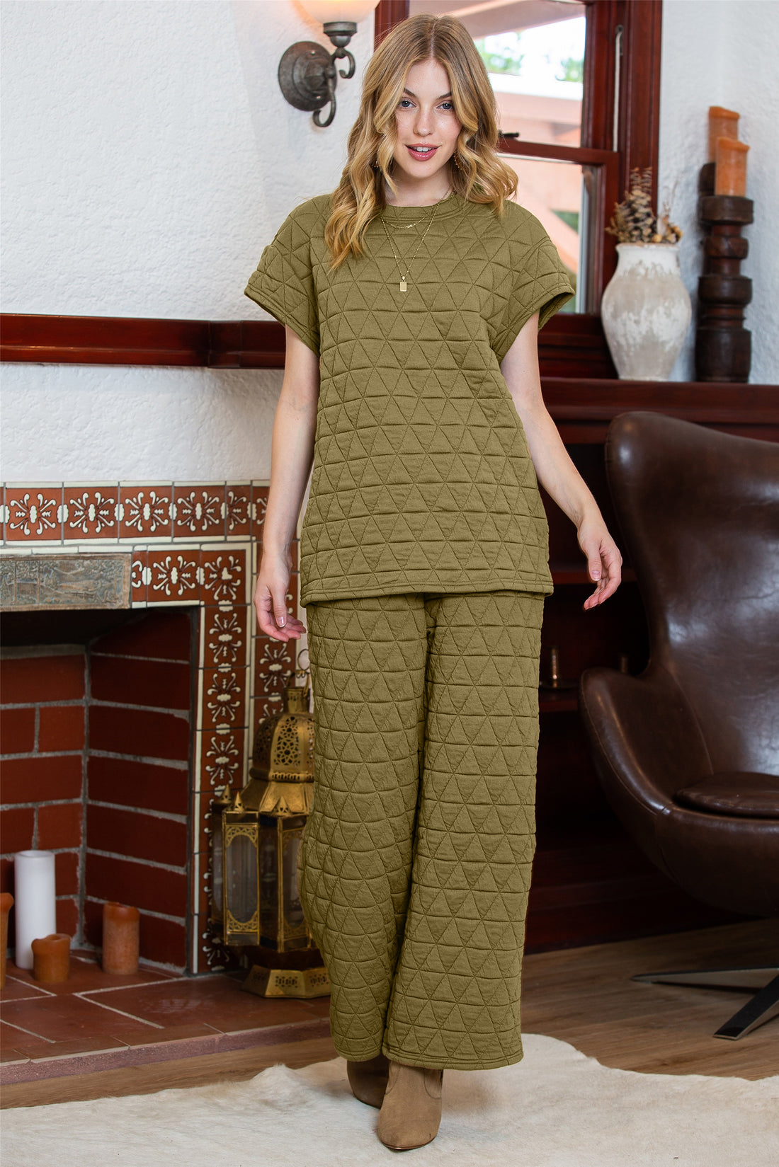 Quilted Short Sleeve Top and Wide Leg Pants Set