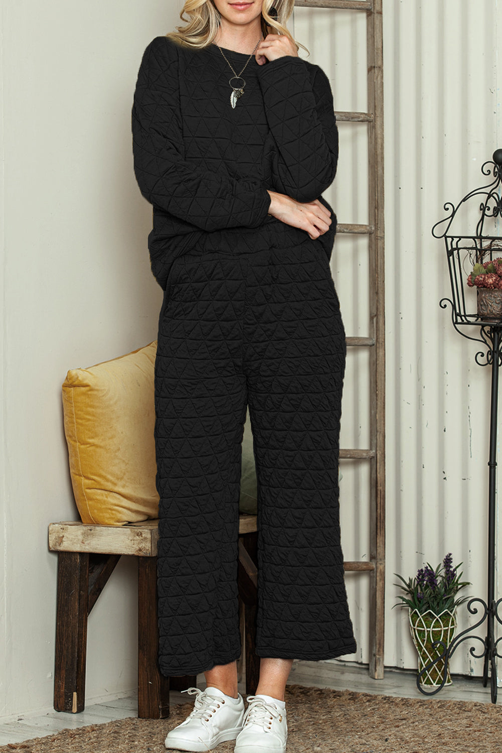 Dark Grey Solid Color Quilted Long Sleeve Top and Wide Leg Pants Set