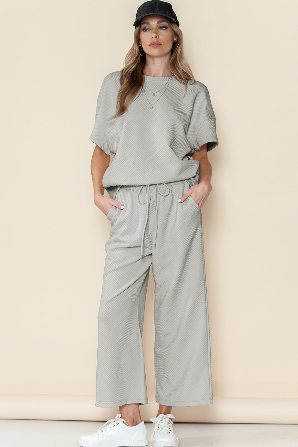 Textured Loose Fit T Shirt and Drawstring Pants Set w/Pockets