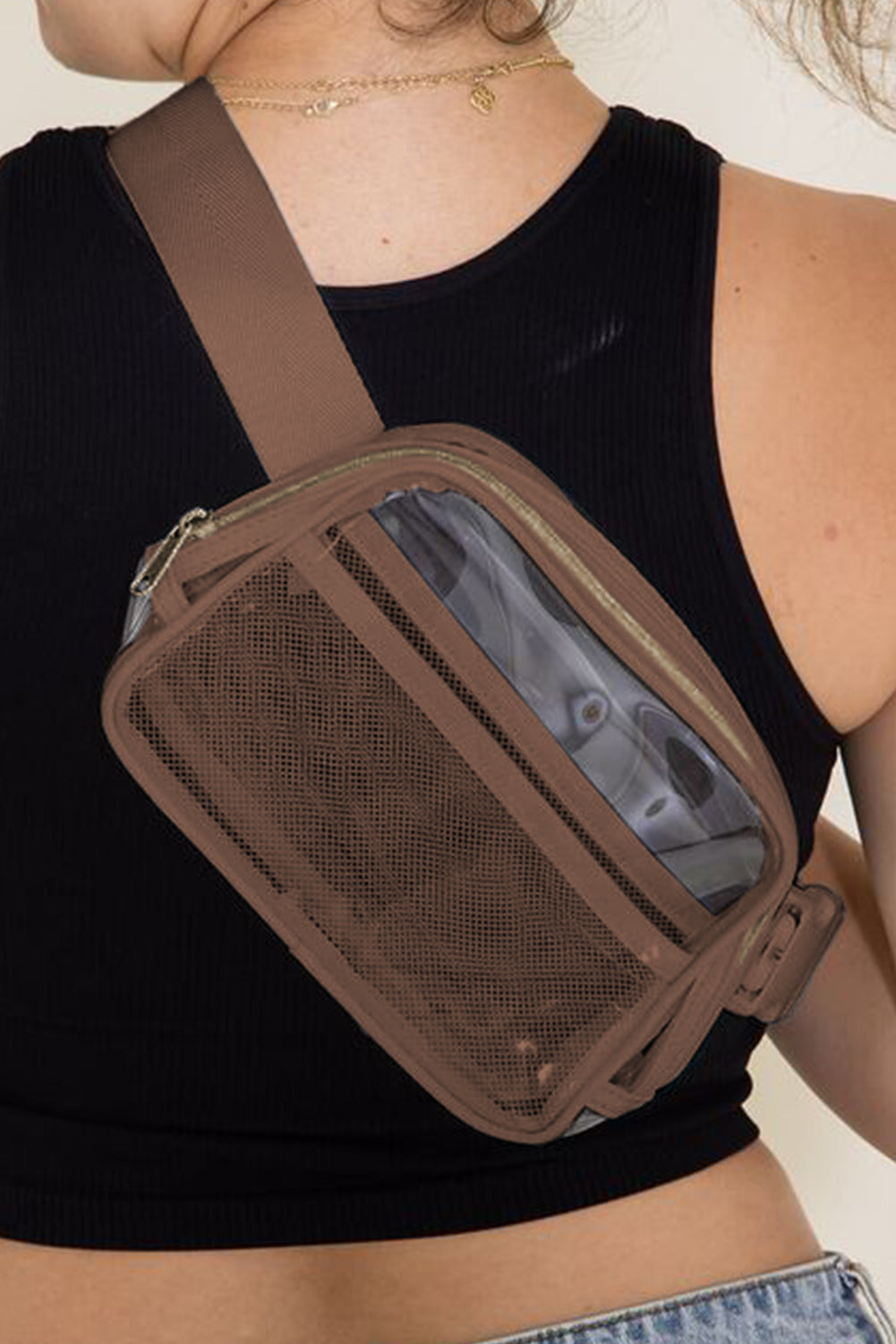 Black Adjustable Straps Zipper Clear Waist Bag