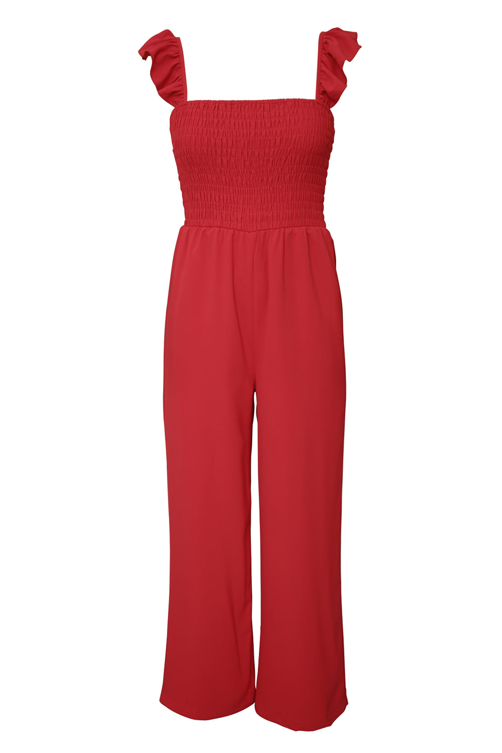 Smocked Ruffle Strap Pocket Wide Leg Jumpsuit