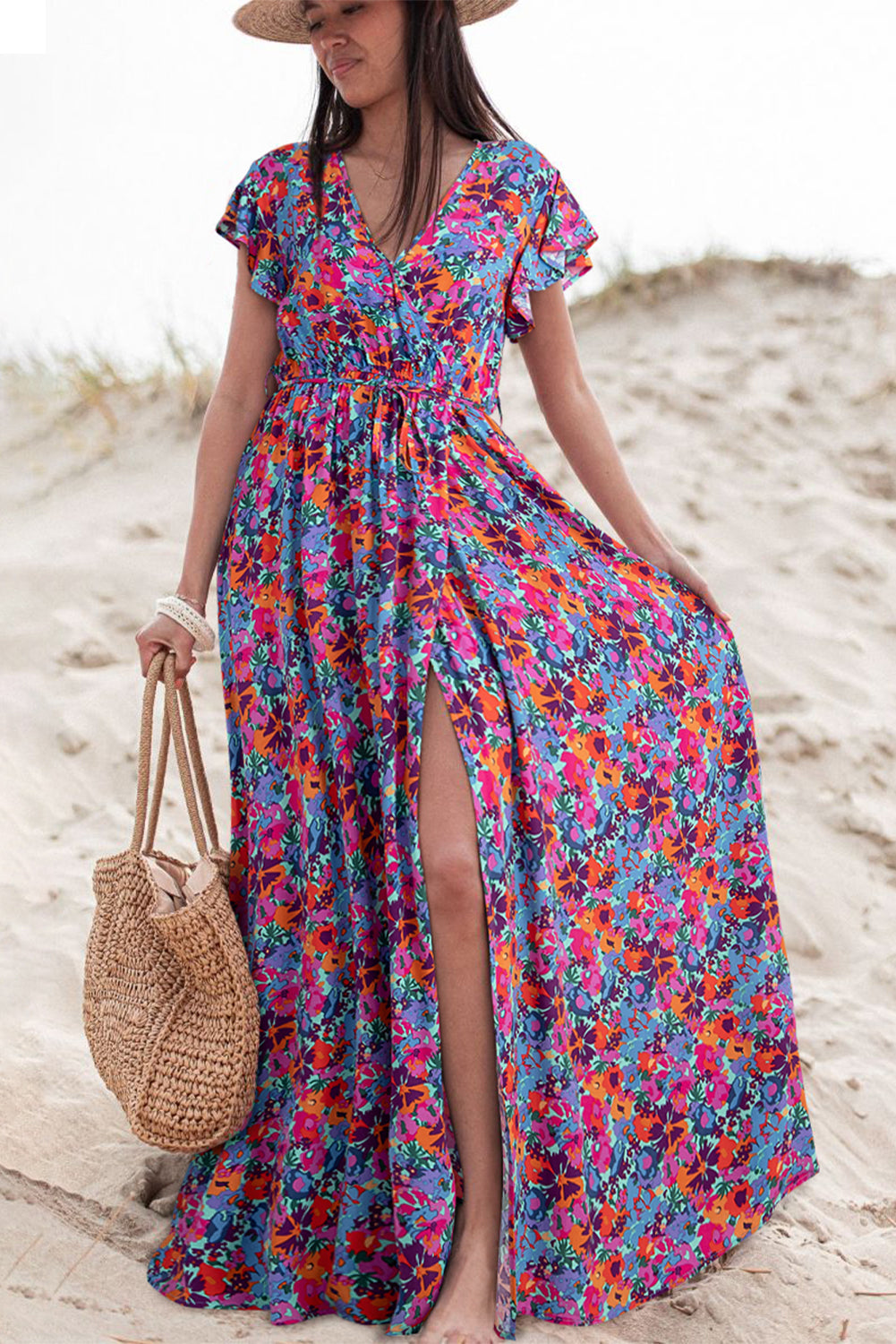 Blue Boho Floral Print V Neck Wrap Split Maxi Dress