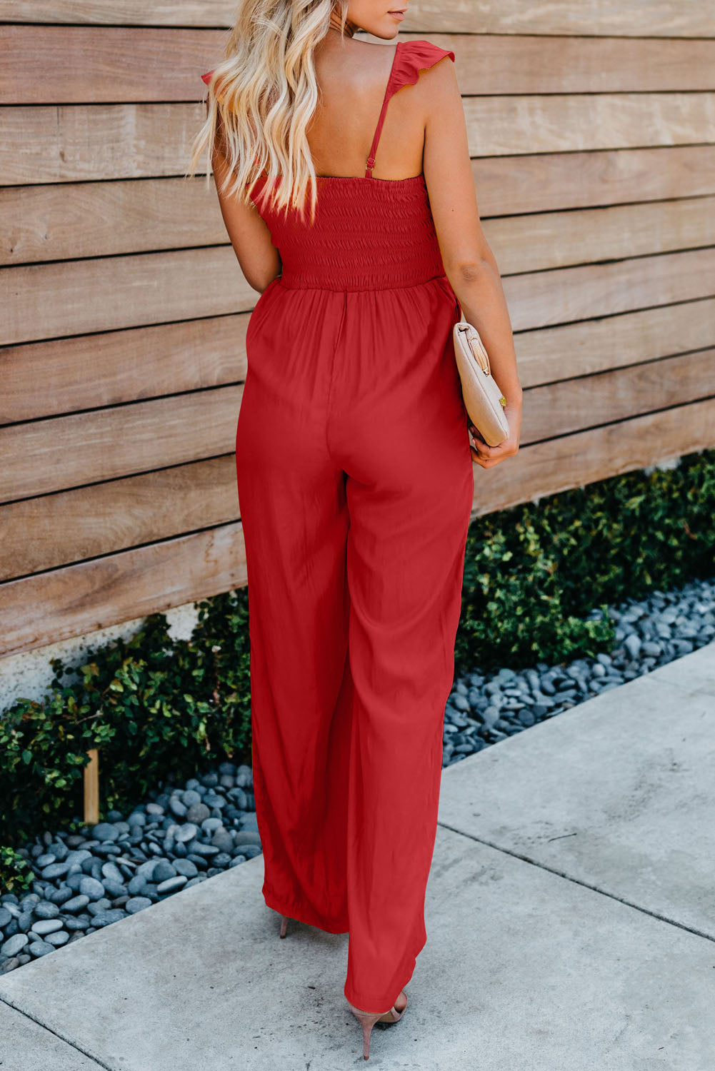 Smocked Ruffle Strap Pocket Wide Leg Jumpsuit