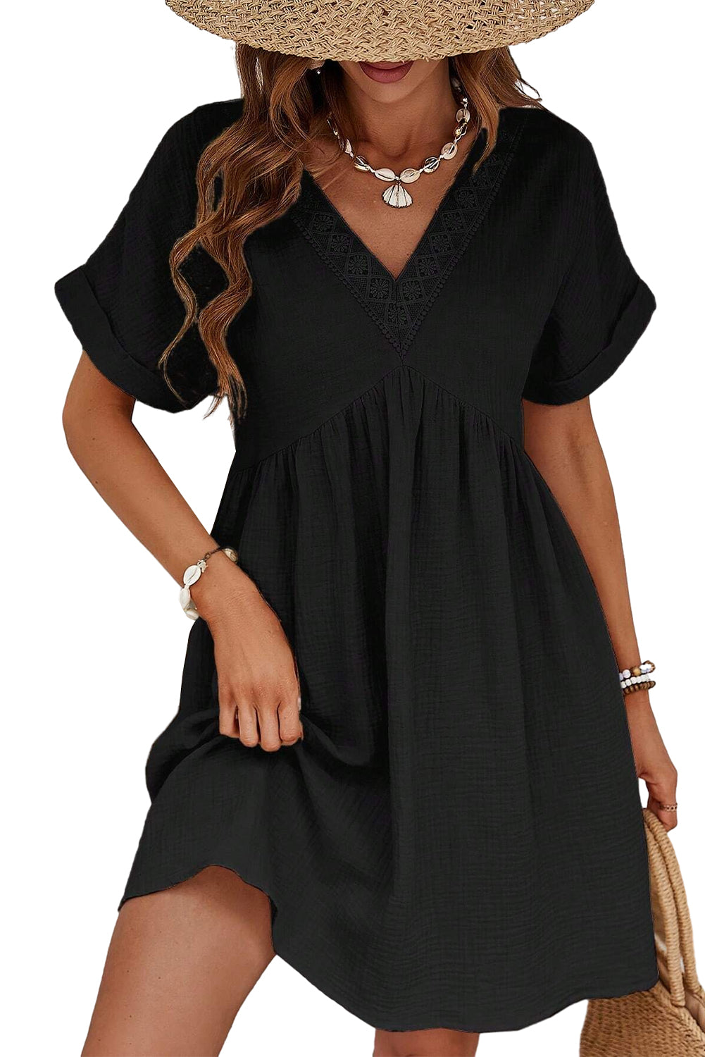 Folded Short Sleeve Lace V Neck Mini Dress