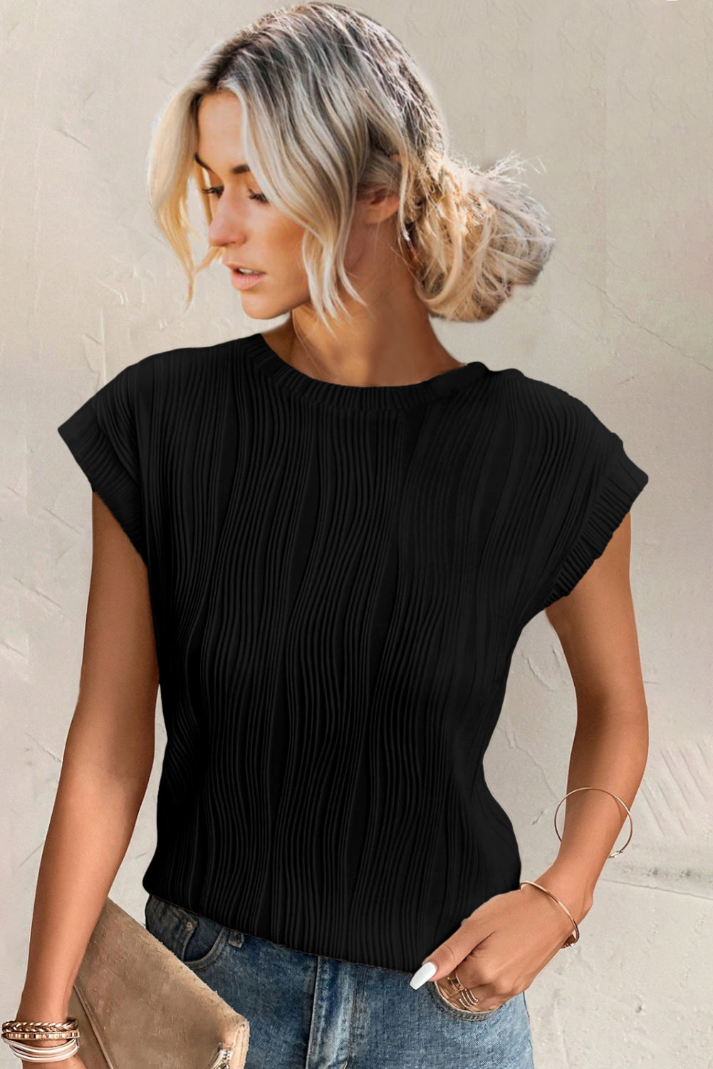 Wavy Textured Cap Sleeve Top