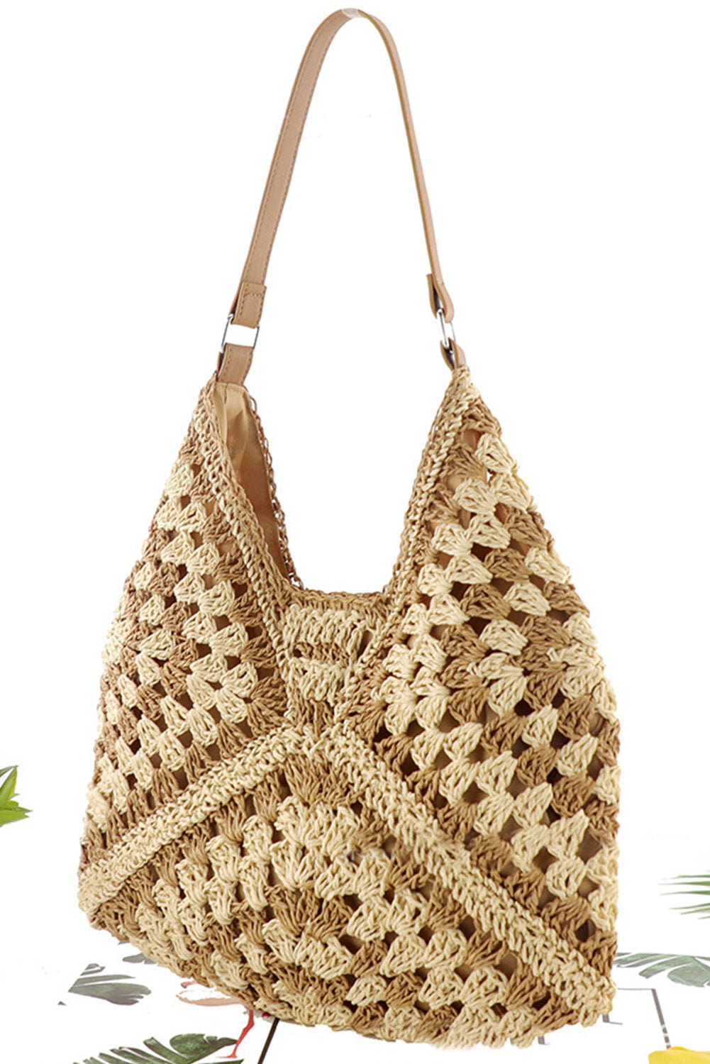 Khaki Hollowed Bohemian Straw Woven Shoulder Bag